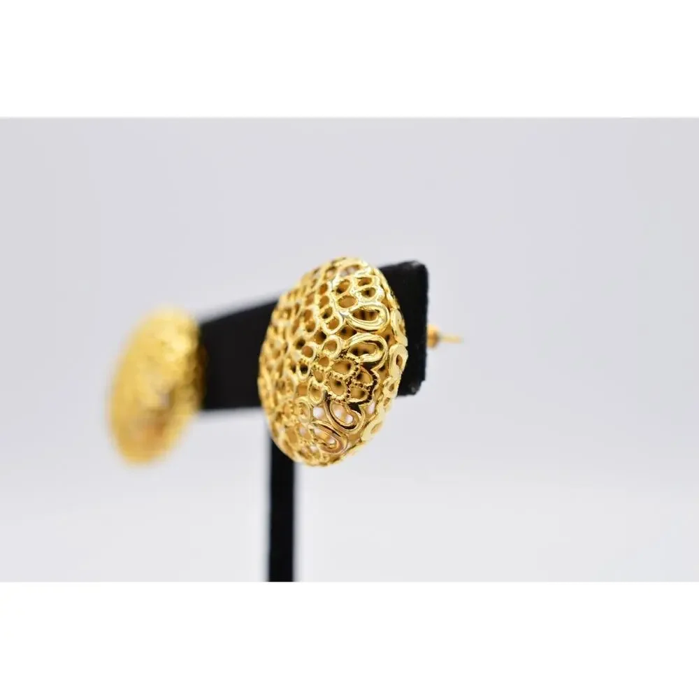 Vintage Stud Earrings Metallic Gold Round Puffy Filigree Chunky NOS 1980s 9L